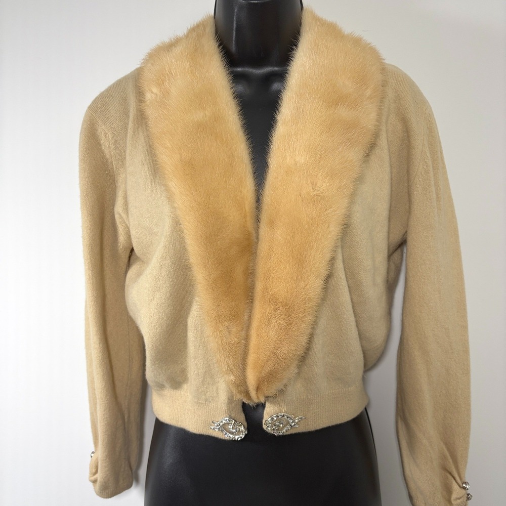 Dalton Vintage Cashmere Cardigan Fur Collar Rhinestone Tan Small